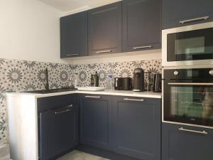 奥尔日河畔布雷蒂尼L'art et Deco RerC-n104-A6-A10的厨房配有深蓝色橱柜和电器