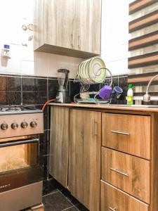 阿布贾Cozy 1 bedroom apartment in Abuja的厨房配有木制橱柜和炉灶烤箱。