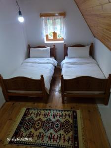 斯库台Mountain Vista Guesthouse Shkafi的配有两张单人床的客房,铺有地毯