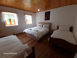 斯库台Mountain Vista Guesthouse Shkafi的一间卧室设有两张床和两个窗户。