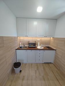 兹拉蒂博尔Apartments Marjanović的小厨房配有白色橱柜和水槽