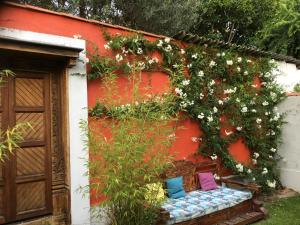 波尔多CHAMBRES chez l'habitant Córdoba et Lhassa的建筑物边的长凳上花