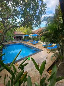 吉利特拉旺安青黛别墅酒店的度假村的游泳池,设有蓝色的椅子和树木
