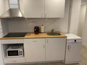 奥洛特Cal Mestre- Olot的厨房配有白色橱柜、水槽和微波炉