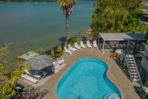 怀蒂昂格Oceans 88 Whitianga Coastal Suites的享有带椅子和遮阳伞的游泳池的顶部景致