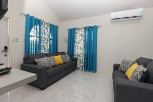 迪斯卡弗里贝Osmax Oasis entire house/2 bedrooms!的客厅配有两张沙发和蓝色窗帘