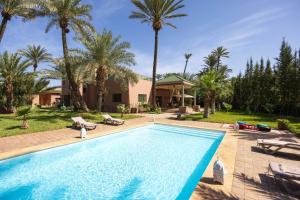 马拉喀什阿比阿德别墅的一座棕榈树游泳池和一座房子