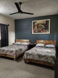 巴利亚多利德Hostel Casa Xtakay的一间卧室配有两张床和吊扇