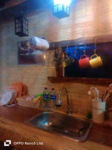 拉卡莱拉Cabaña en el Árbol La Calera的厨房柜台设有水槽、杯子和架子
