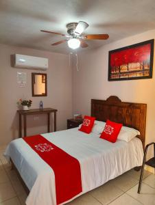 帕拉斯德拉富恩特Hotel Posada Santa Elena的一间卧室配有一张带红色枕头的床