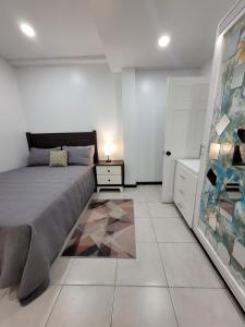 格罗斯岛Chalet Belizomi Tropical Villa #1的一间卧室配有一张床、梳妆台和镜子