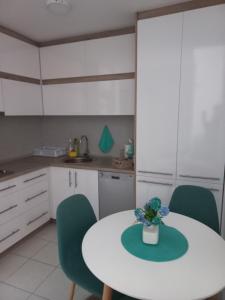 马夫罗沃Filip Apartment的厨房配有白色的桌子和绿色的椅子