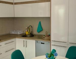 马夫罗沃Filip Apartment的厨房配有白色橱柜和绿色椅子