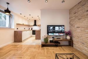 斯普利特马提尼别墅公寓的一间带电视和砖墙的客厅
