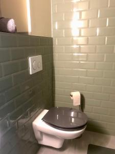 NebraBahnhof Nebra的浴室配有带黑色座椅的白色卫生间