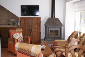 阿尔卡拉斯Casas Rurales Los Cortijos的客厅设有壁炉和炉灶。