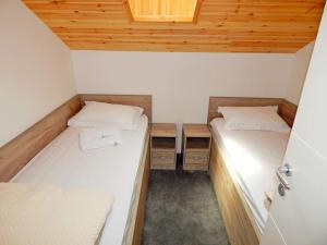维尔蒂尼克Aqualux apartments的小型客房设有两张带木制天花板的床。