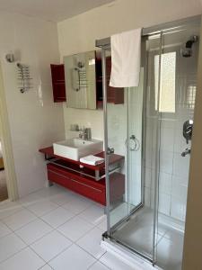 基拉尼Modern 4 Bedroom House Ring of Kerry -Killarney的一间带玻璃淋浴和水槽的浴室