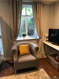 布里奇诺斯Boutique style cottage Bridgnorth的靠窗前坐着带黄色枕头的椅子