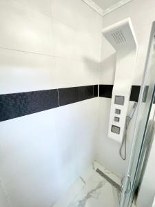 布加勒斯特The Loft的浴室设有黑色和白色瓷砖淋浴。