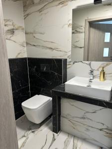 维斯瓦Roomflacja的一间带水槽、卫生间和镜子的浴室