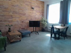 帕尔杜比采Apartmán Maya的客厅设有木墙、桌子和电视