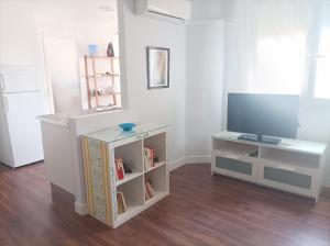 马德里Apartamento Pinar de Chamartin的一间带电视和书架的客厅