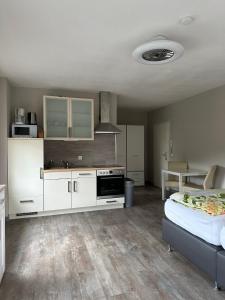 巴特本特海姆维基恩公寓的一间厨房,配有白色的橱柜和一张位于客房内的床