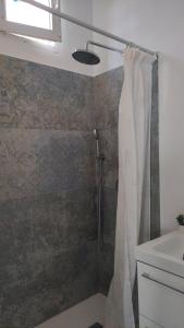 塔加纳纳Ocean front La Maresia Holiday 2 Apartments的浴室配有淋浴帘和盥洗盆。
