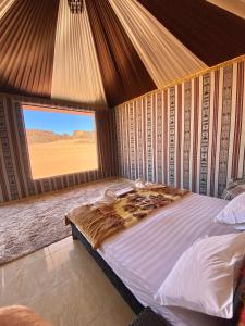 瓦迪拉姆WADi RUM ALi CAMP的一间卧室配有一张床,享有沙漠美景