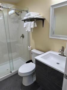 梅德福Relax Inn of Medford的浴室配有卫生间、淋浴和盥洗盆。