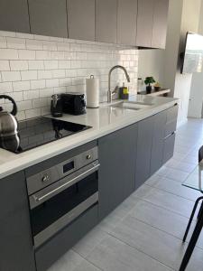 迈阿密Brand NEW modern 1 bedroom unit Downtown的厨房配有水槽和炉灶 顶部烤箱