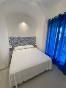 伊斯基亚Marintò Apartaments的一间卧室配有一张带蓝色窗帘的大床