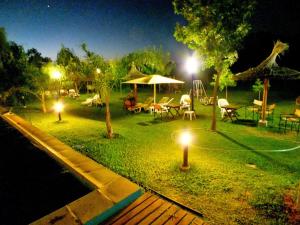 费德拉西翁Hotel y Spa Termas del Este的花园在晚上配有桌子和遮阳伞