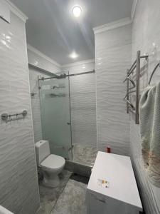 阿拉木图ЖК Lotus terrace的带淋浴、卫生间和盥洗盆的浴室