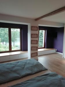 姆拉哥沃Mazury Mrągowo Pokoje Apartament的一间卧室设有紫色的墙壁和窗户,配有一张床