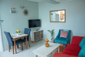 格罗斯岛Mountain View Apartments的客厅配有沙发、椅子和电视