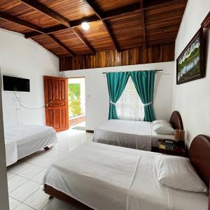 福尔图纳Hotel Villa Fortuna, Volcan Arenal, Costa Rica.的一间卧室配有两张床和电视。