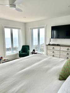 Pilleyʼs IslandThe View suites and breakfast in Triton, Newfoundland的一间卧室设有一张大床、电视和窗户。