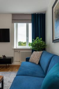 塔尔图Old town luxury penthouse apartment with Emajõgi view的客厅设有蓝色沙发,配有窗户