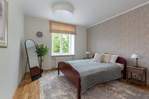 塔尔图Old town luxury penthouse apartment with Emajõgi view的一间卧室设有一张床和一个窗口