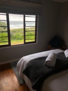 大布拉克勒菲Emma's Beach Cottage的一间卧室设有一张床和一个美景窗户。