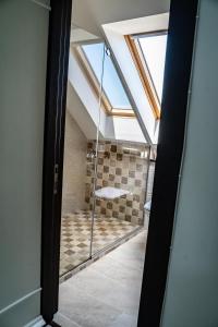 普特纳Casa Românească的玻璃门通向带淋浴的浴室