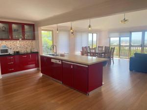 埃斯佩兰斯Thistledome的厨房以及带红色橱柜和桌子的客厅。