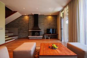 班斯科Ruskovets Thermal SPA & Ski Resort的客厅配有桌子和壁炉