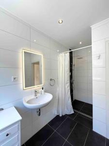 辛斯海姆Stilvolles Apartment nahe Therme und PreZero Arena的白色的浴室设有水槽和镜子