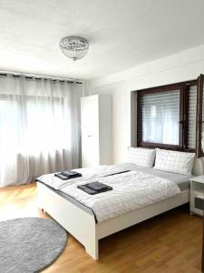 辛斯海姆Stilvolles Apartment nahe Therme und PreZero Arena的白色的卧室设有一张大床和一个窗户