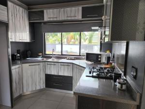 德班Umhlanga Guesthouse flat的厨房配有水槽和炉灶 顶部烤箱