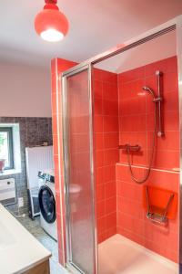 Mladá VožiceWellness chalupa Podolí的浴室设有红色瓷砖和淋浴。