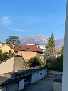 格勒诺布尔Appartement lumineux Vue montagne Centre Grenoble的享有带房屋和树木的庭院的景色